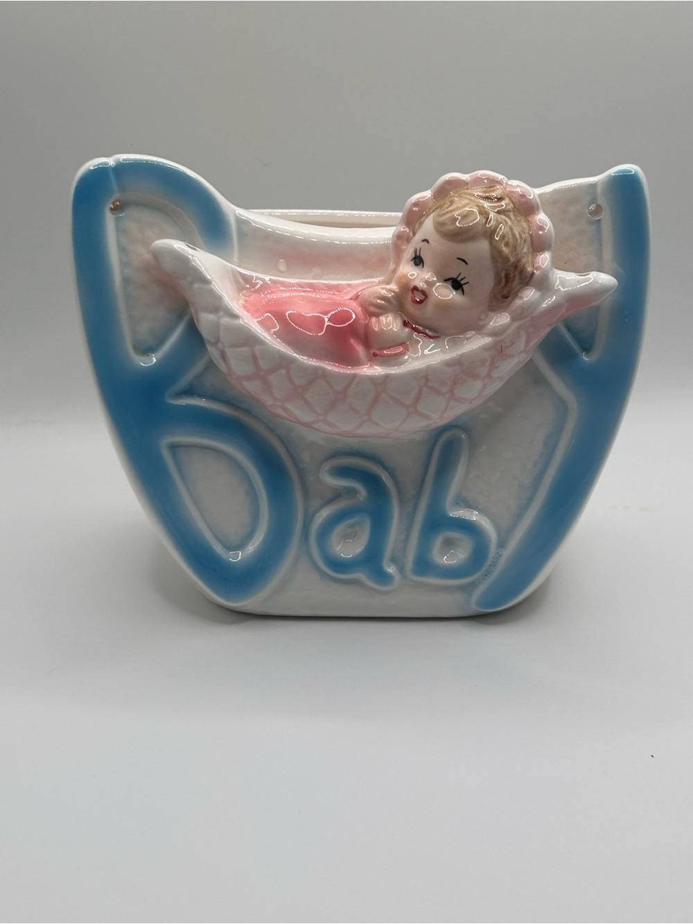 Vintage 1960 Relpo Baby Planter | Pink Baby in Hammock Cradle | Mid Century Nurs